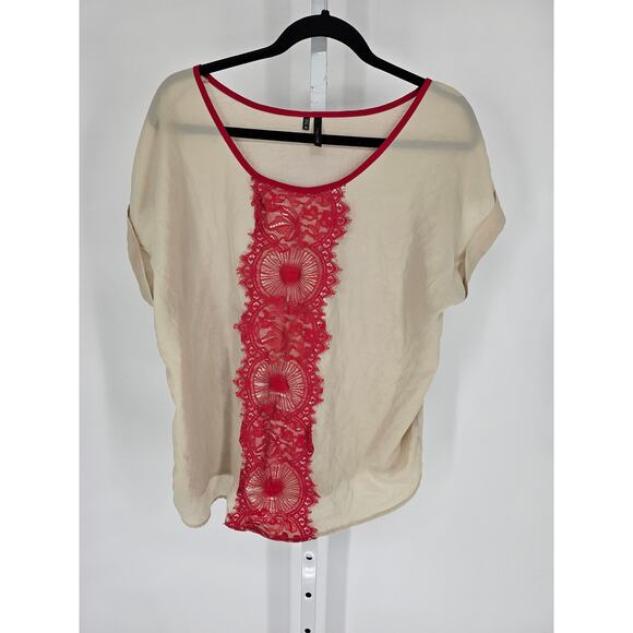 Maurices Womens Sz XL Short Sleeve Blouse Cream w/ Dark Pink Lace Overlay - Picture 1 of 4